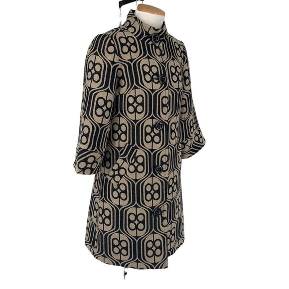 Trina Turk Mid Length Coat Beige Black Geometric Pattern Size 2 Lagenlook - Picture 1 of 9
